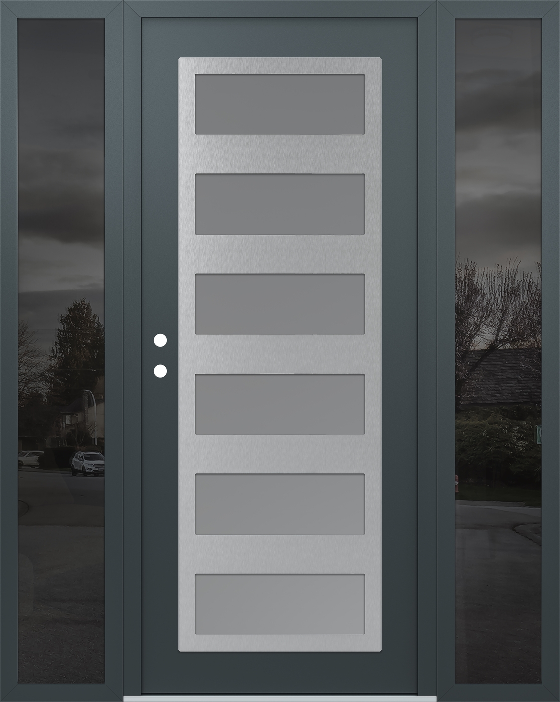 Modern Steel Front Door Diamond C9 60" x 80" anthracite/anthracite frosted Glass Panel stainless steel RHI with 2 Sidelites mirrored Glass