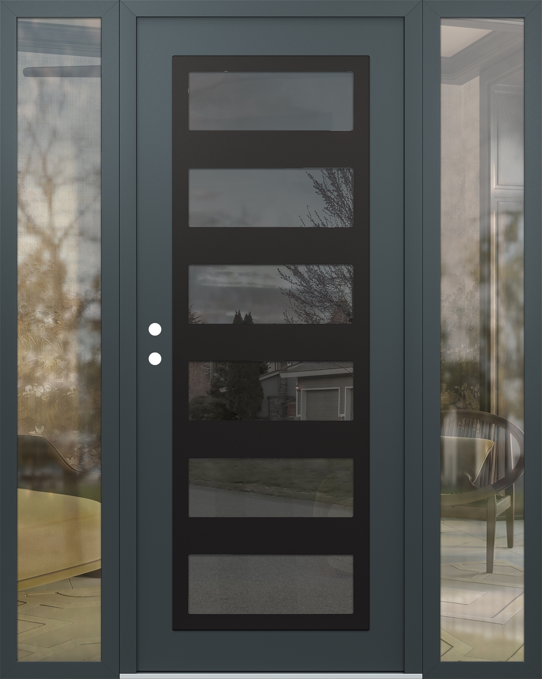 Modern Steel Front Door Diamond C9 60" x 80" anthracite/anthracite mirrored Glass Panel black RHI with 2 Sidelites clear Glass