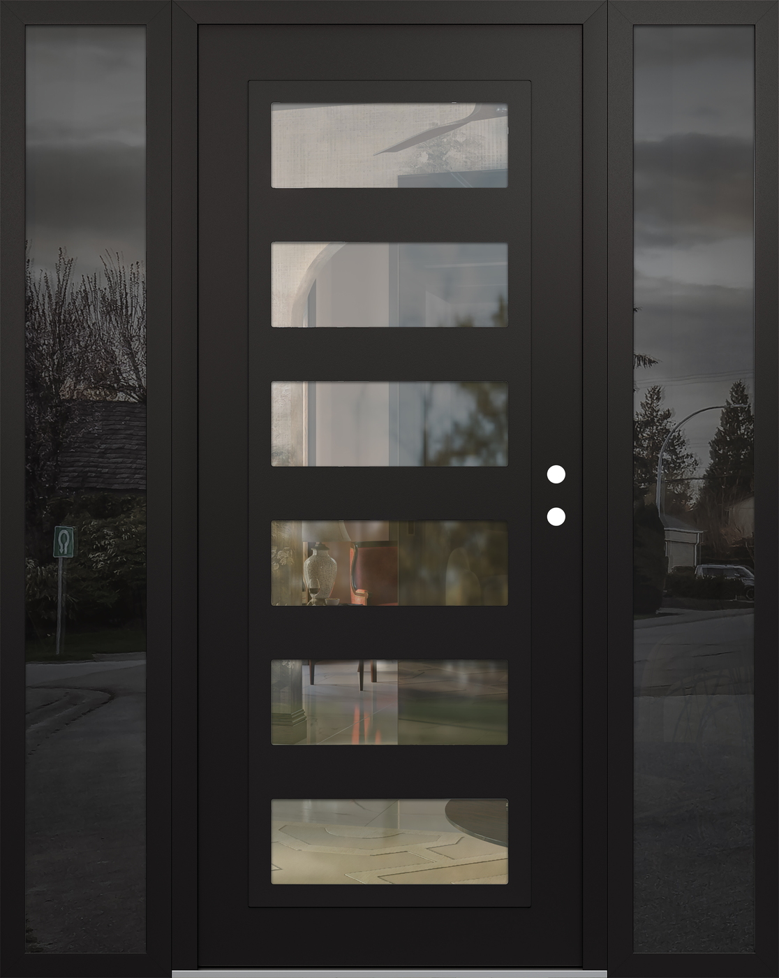 Modern Steel Front Door Diamond C9 60" x 80" black/black clear Glass Panel black LHI with 2 Sidelites mirrored Glass