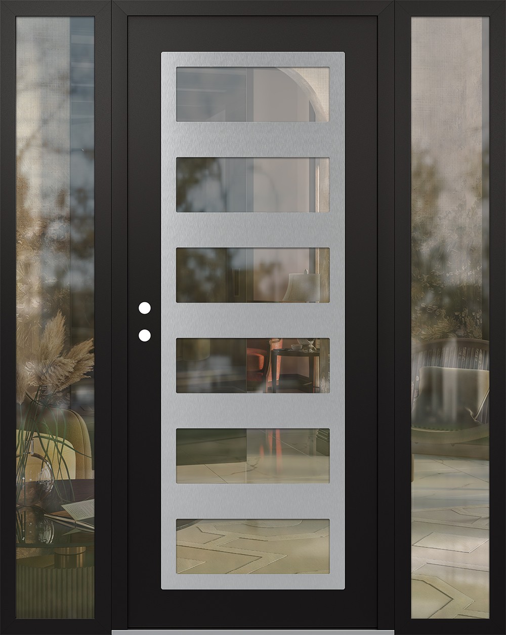Modern Steel Front Door Diamond C9 60" x 80" black/black clear Glass Panel stainless steel RHI with 2 Sidelites clear Glass
