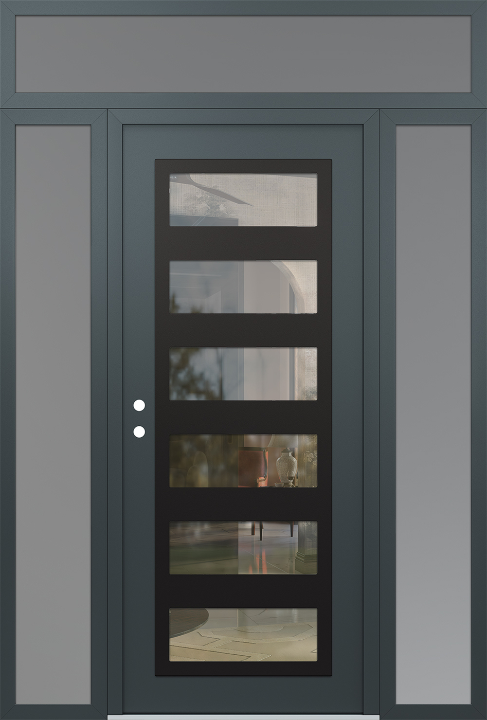 Modern Steel Front Door Diamond C9 60" x 96" anthracite/anthracite clear Glass Panel black RHI with 2 Sidelites and Transom frosted Glass