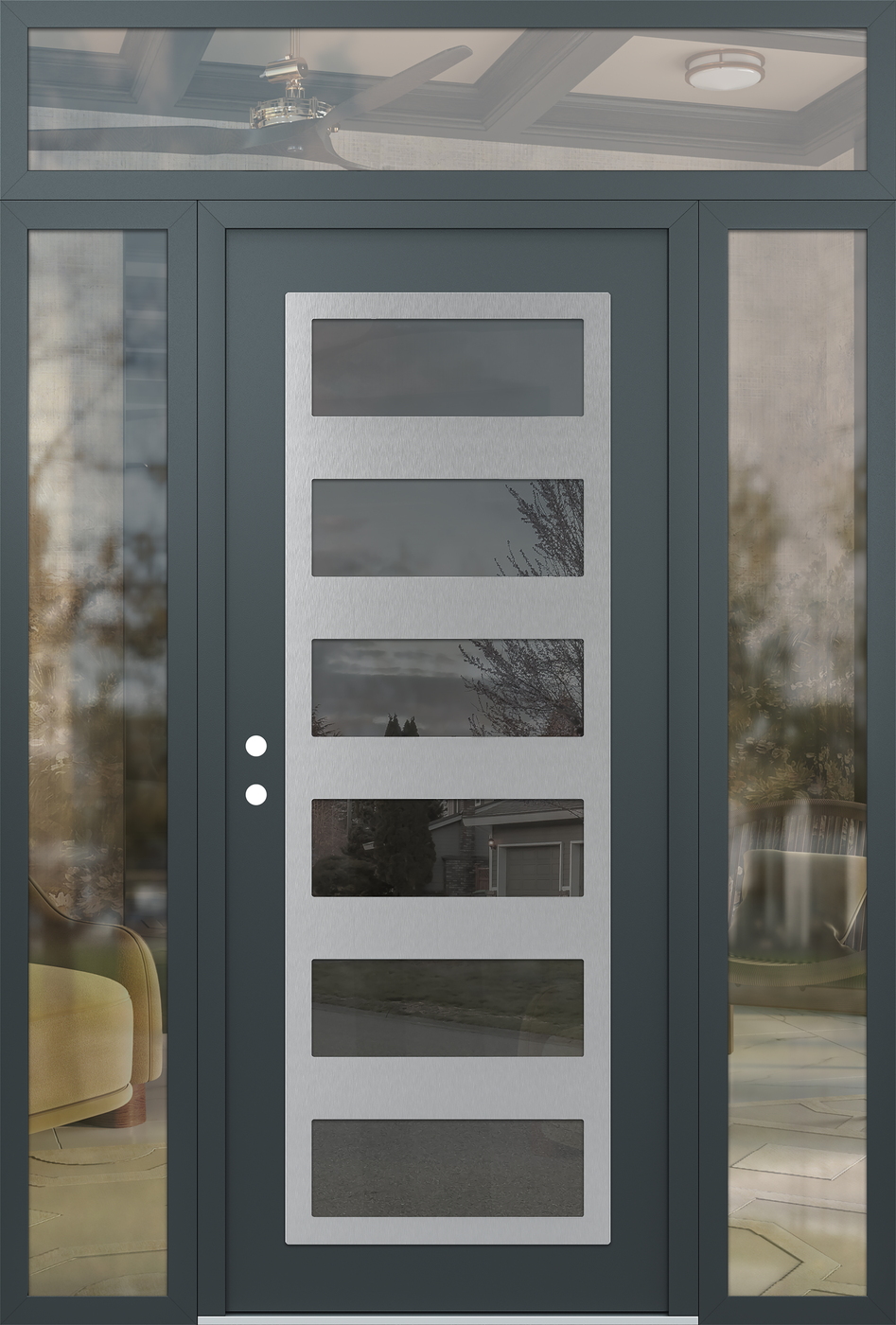 Modern Steel Front Door Diamond C9 60" x 96" anthracite/anthracite mirrored Glass Panel stainless steel RHI with 2 Sidelites and Transom clear Glass