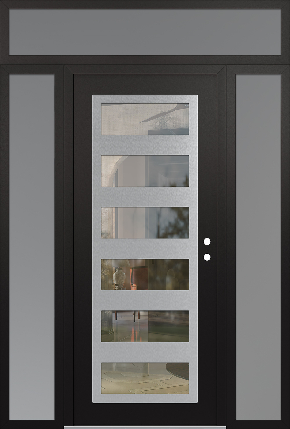 Modern Steel Front Door Diamond C9 60" x 96" black/black clear Glass Panel stainless steel LHI with 2 Sidelites and Transom frosted Glass