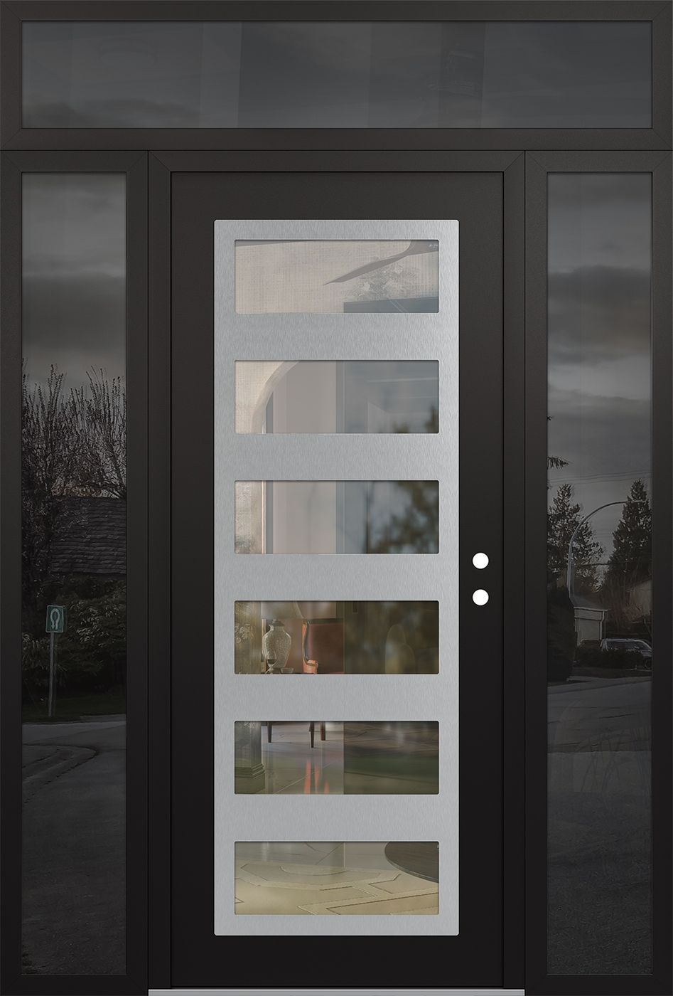 Modern Steel Front Door Diamond C9 60" x 96" black/black clear Glass Panel stainless steel LHI with 2 Sidelites and Transom mirrored Glass