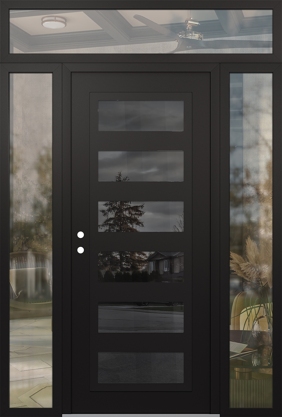 Modern Steel Front Door Diamond C9 60" x 96" black/black mirrored Glass Panel black RHI with 2 Sidelites and Transom clear Glass