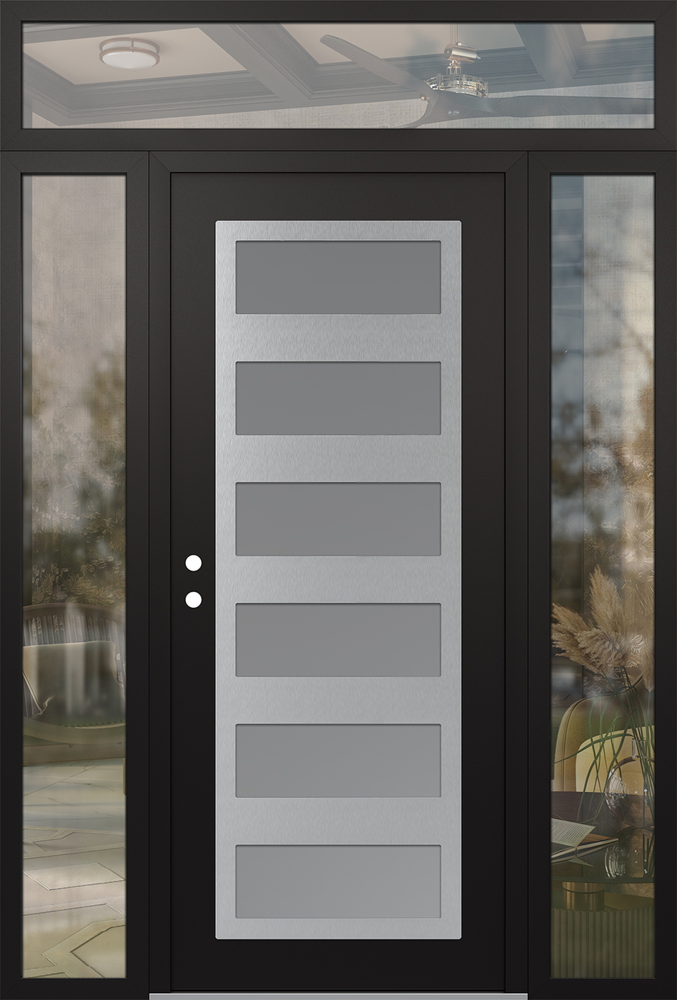 Modern Steel Front Door Diamond C9 60" x 96" black/white frosted Glass Panel stainless steel RHI with 2 Sidelites and Transom clear Glass