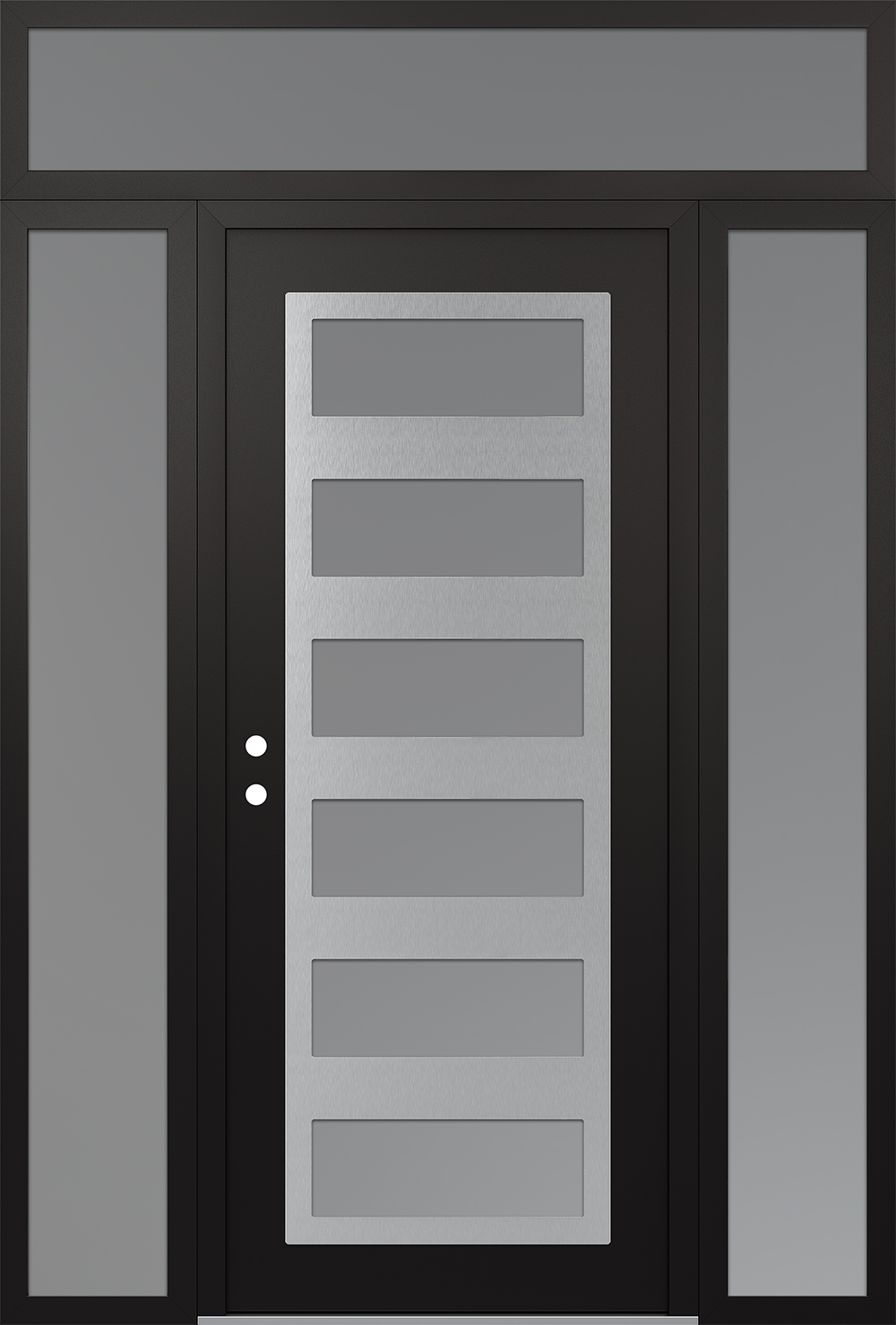 Modern Steel Front Door Diamond C9 60" x 96" black/white frosted Glass Panel stainless steel RHI with 2 Sidelites and Transom frosted Glass
