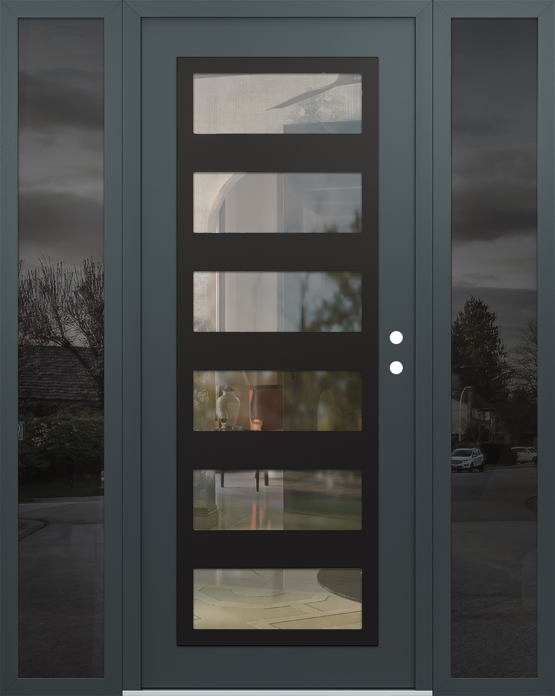 Modern Steel Front Door Diamond C9 64" x 80" anthracite/anthracite clear Glass Panel black LHI with 2 Sidelites mirrored Glass