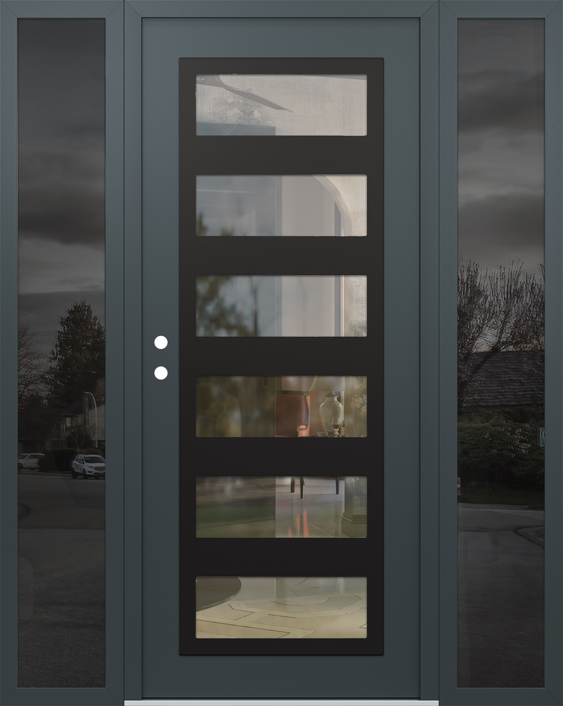 Modern Steel Front Door Diamond C9 64" x 80" anthracite/anthracite clear Glass Panel black RHI with 2 Sidelites mirrored Glass