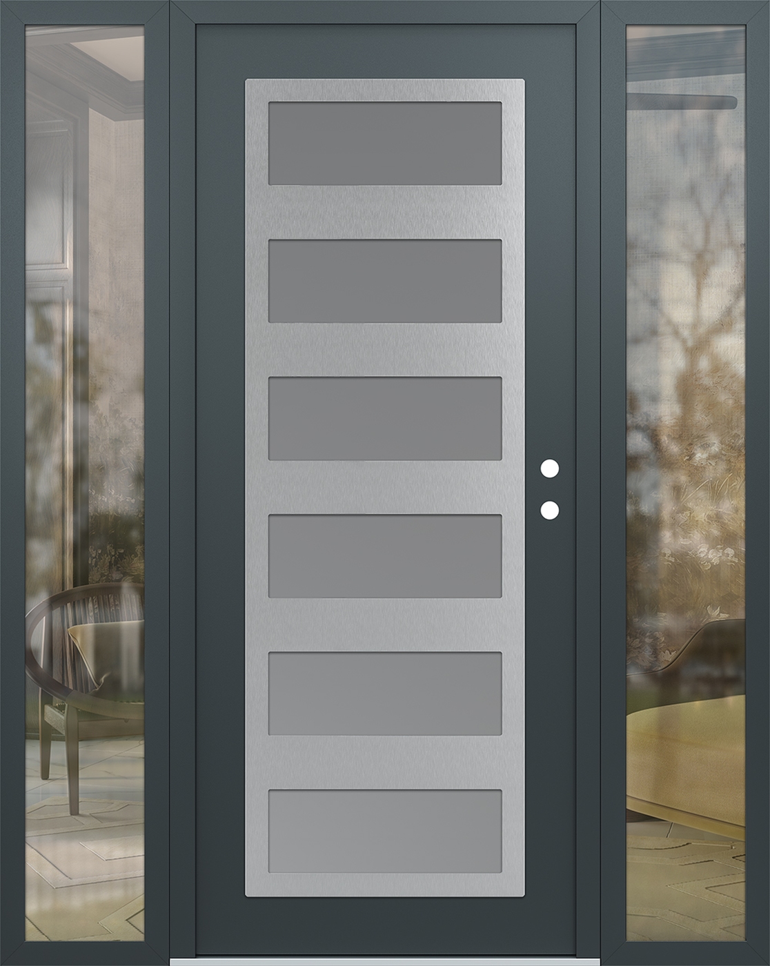 Modern Steel Front Door Diamond C9 64" x 80" anthracite/anthracite frosted Glass Panel stainless steel LHI with 2 Sidelites clear Glass