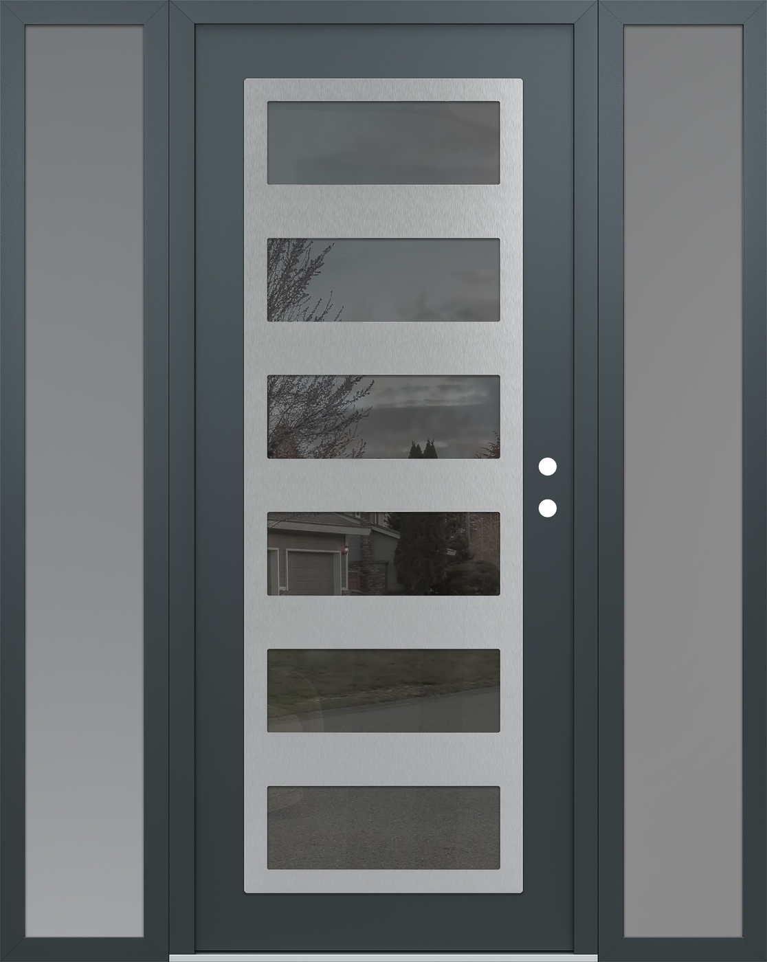 Modern Steel Front Door Diamond C9 64" x 80" anthracite/anthracite mirrored Glass Panel stainless steel LHI with 2 Sidelites frosted Glass