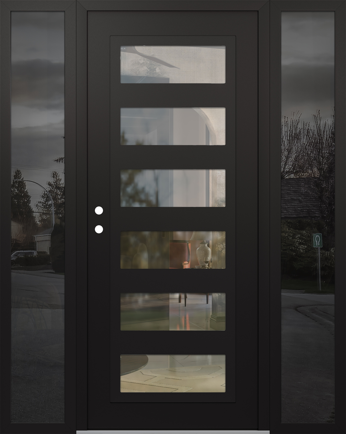 Modern Steel Front Door Diamond C9 64" x 80" black/black clear Glass Panel black RHI with 2 Sidelites mirrored Glass