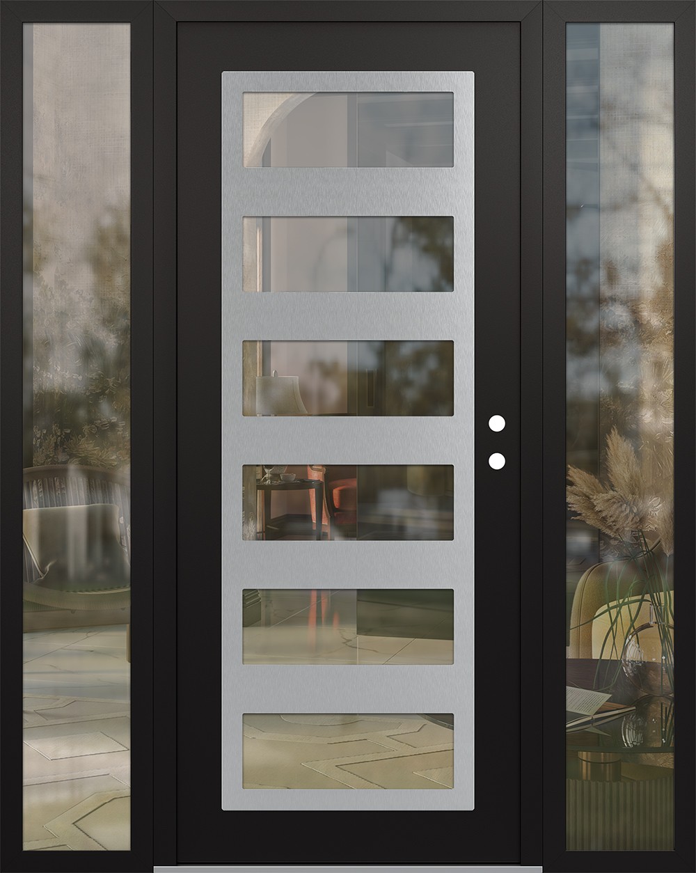 Modern Steel Front Door Diamond C9 64" x 80" black/black clear Glass Panel stainless steel LHI with 2 Sidelites clear Glass