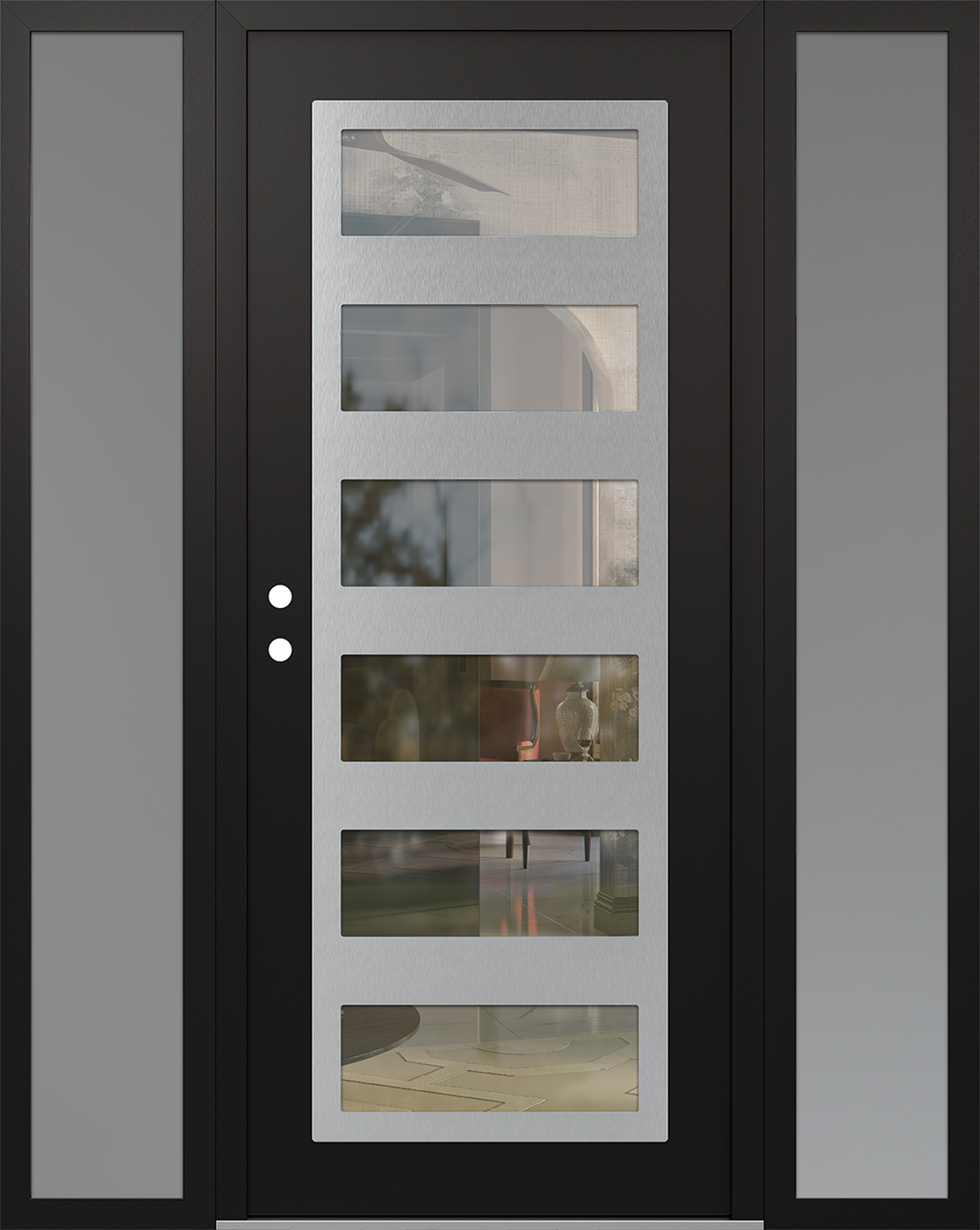 Modern Steel Front Door Diamond C9 64" x 80" black/black clear Glass Panel stainless steel RHI with 2 Sidelites frosted Glass