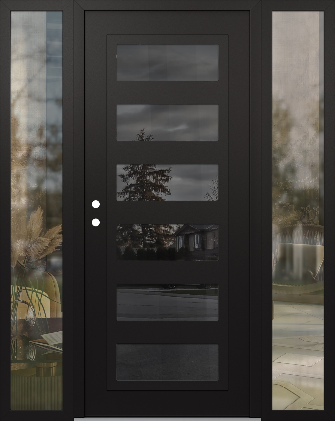 Modern Steel Front Door Diamond C9 64" x 80" black/black mirrored Glass Panel black RHI with 2 Sidelites clear Glass