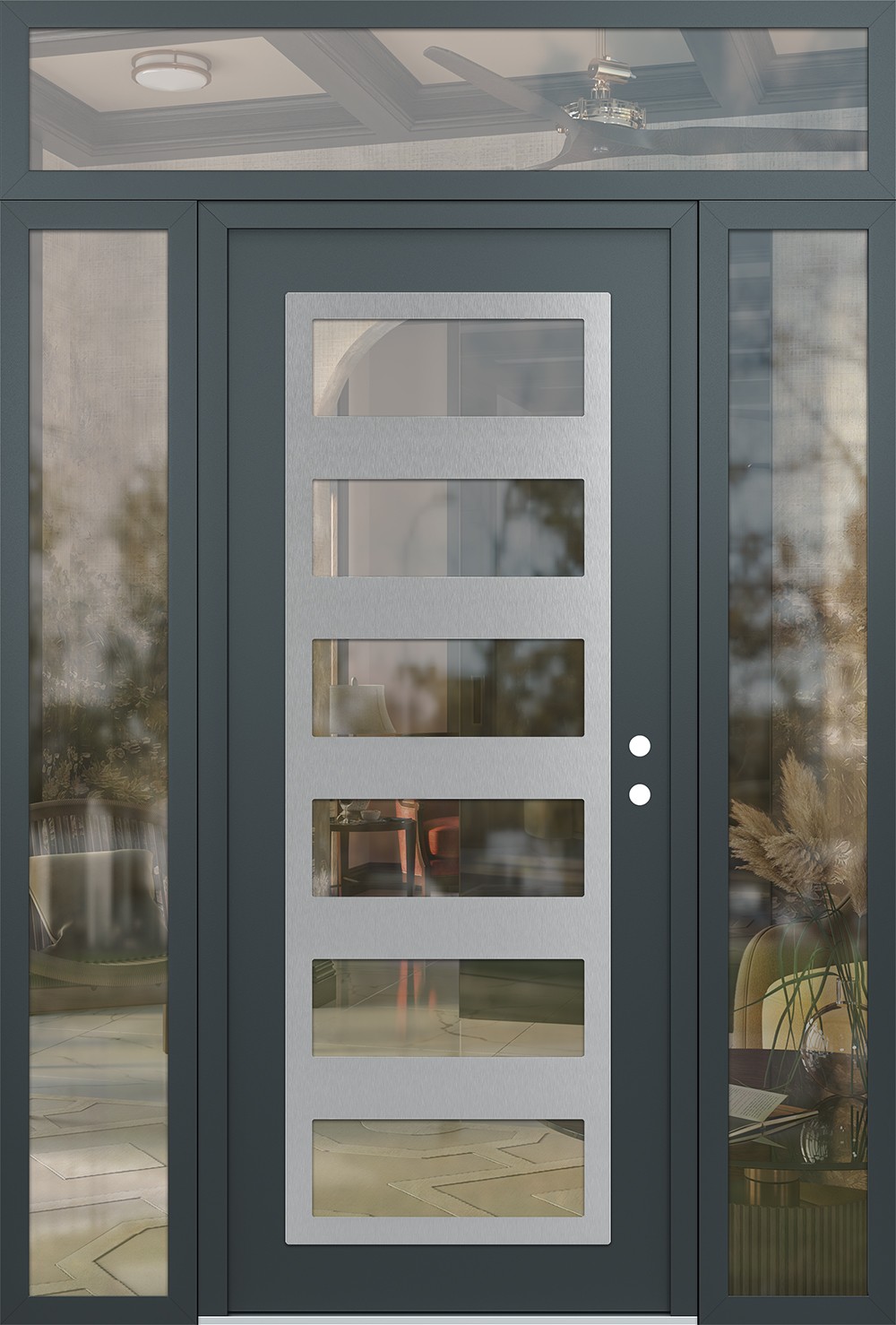 Modern Steel Front Door Diamond C9 64" x 96" anthracite/anthracite clear Glass Panel stainless steel LHI with 2 Sidelites and Transom clear Glass