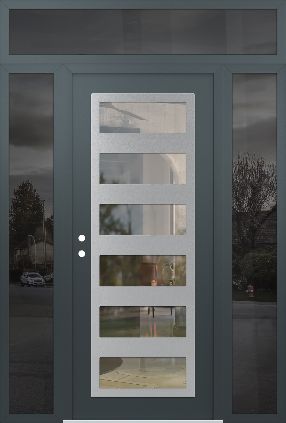 Modern Steel Front Door Diamond C9 64" x 96" anthracite/anthracite clear Glass Panel stainless steel RHI with 2 Sidelites and Transom mirrored Glass