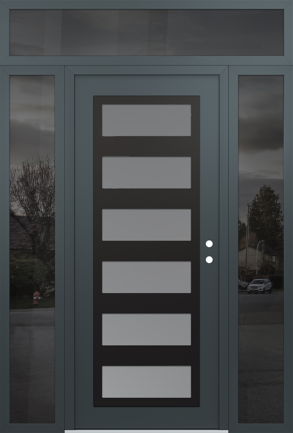 Modern Steel Front Door Diamond C9 64" x 96" anthracite/anthracite frosted Glass Panel black LHI with 2 Sidelites and Transom mirrored Glass