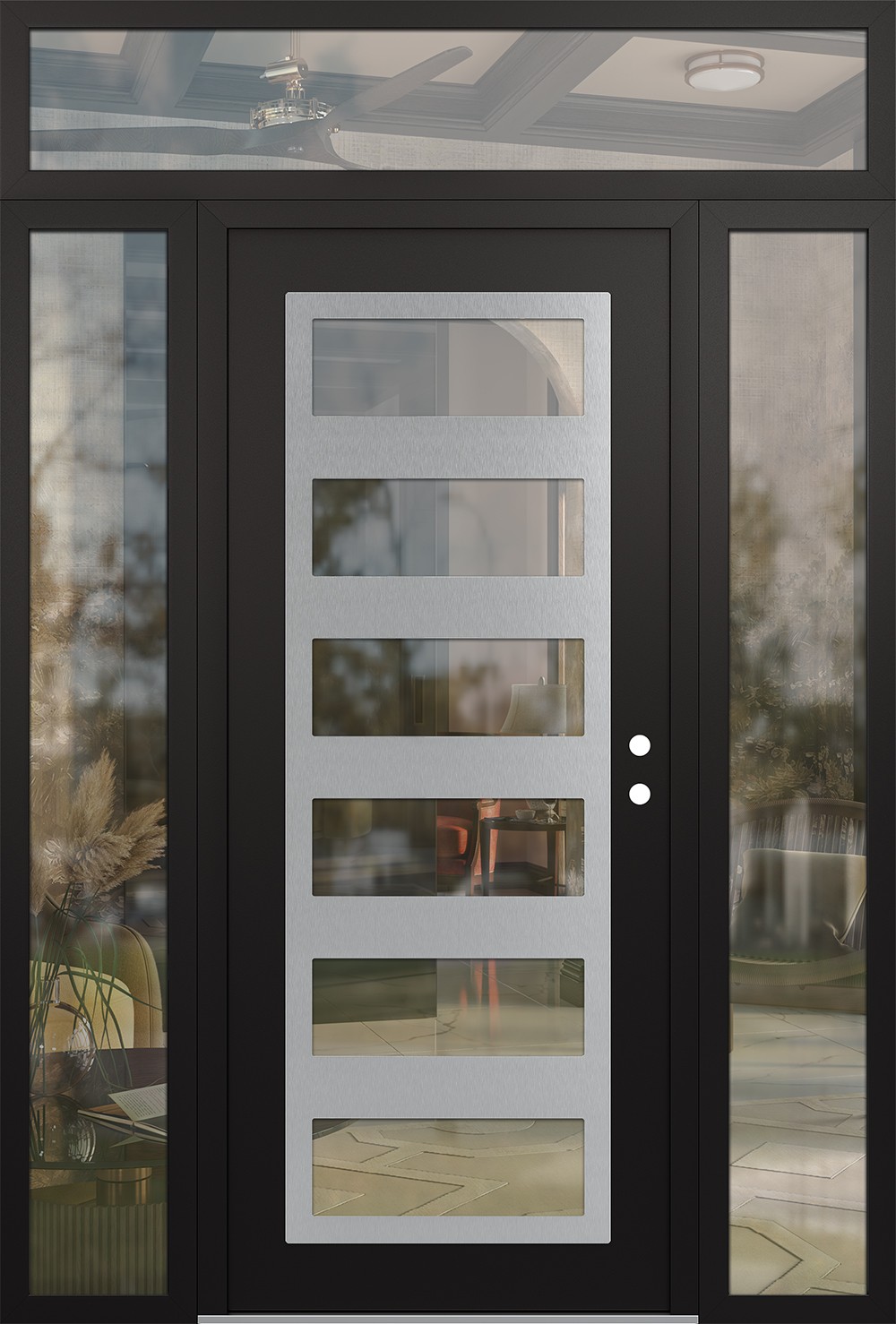 Modern Steel Front Door Diamond C9 64" x 96" black/black clear Glass Panel stainless steel LHI with 2 Sidelites and Transom clear Glass