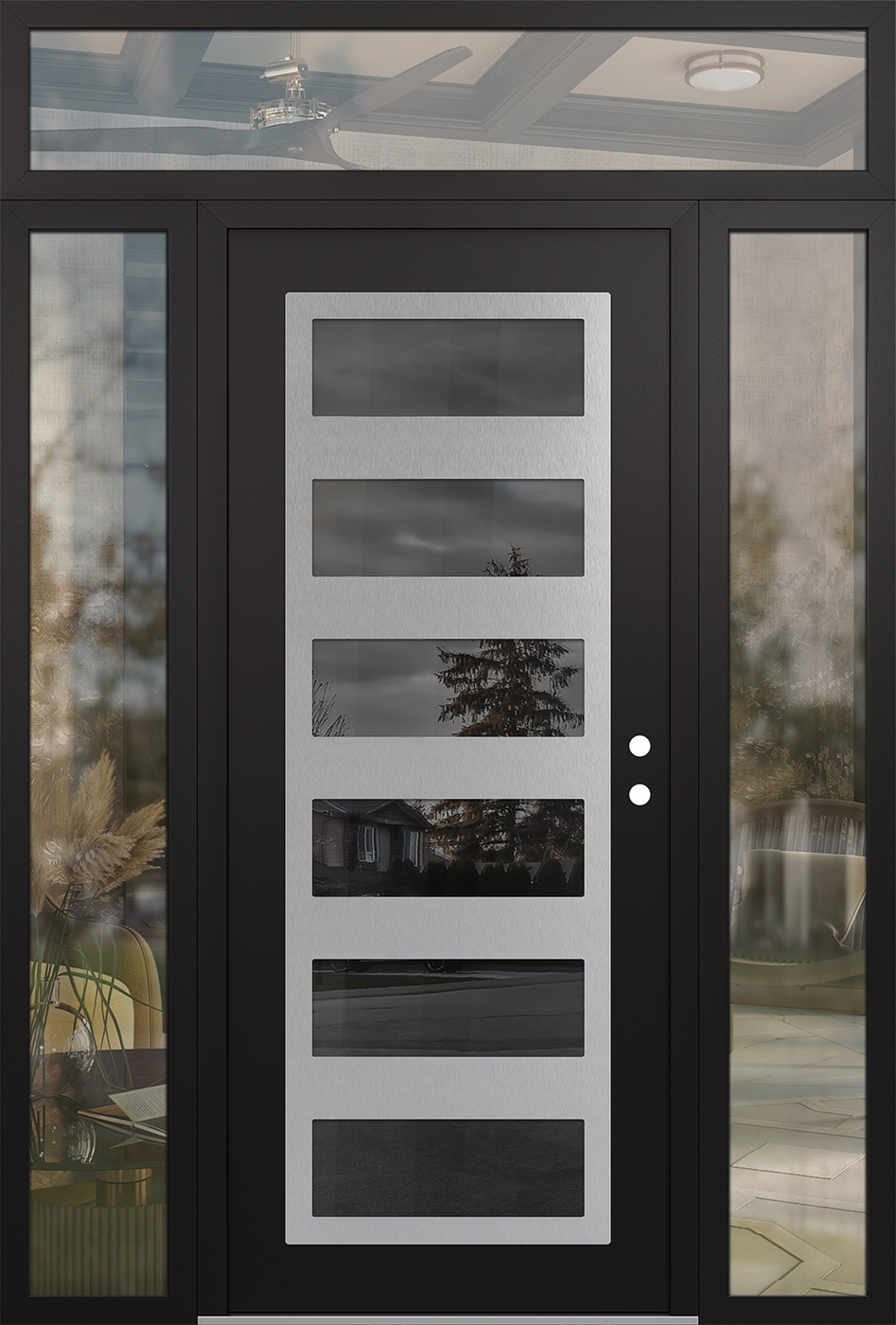 Modern Steel Front Door Diamond C9 64" x 96" black/black mirrored Glass Panel stainless steel LHI with 2 Sidelites and Transom clear Glass