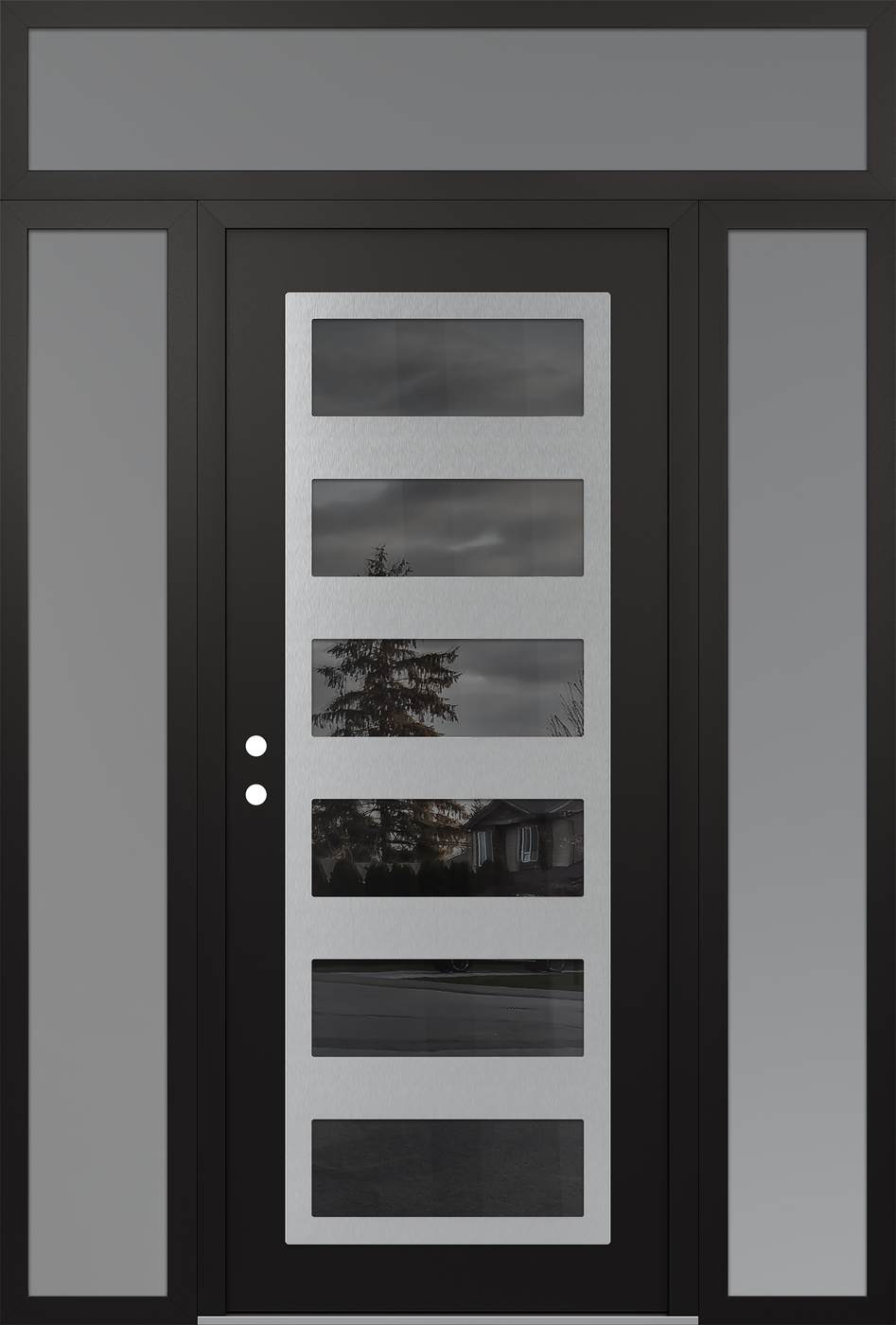 Modern Steel Front Door Diamond C9 64" x 96" black/black mirrored Glass Panel stainless steel RHI with 2 Sidelites and Transom frosted Glass