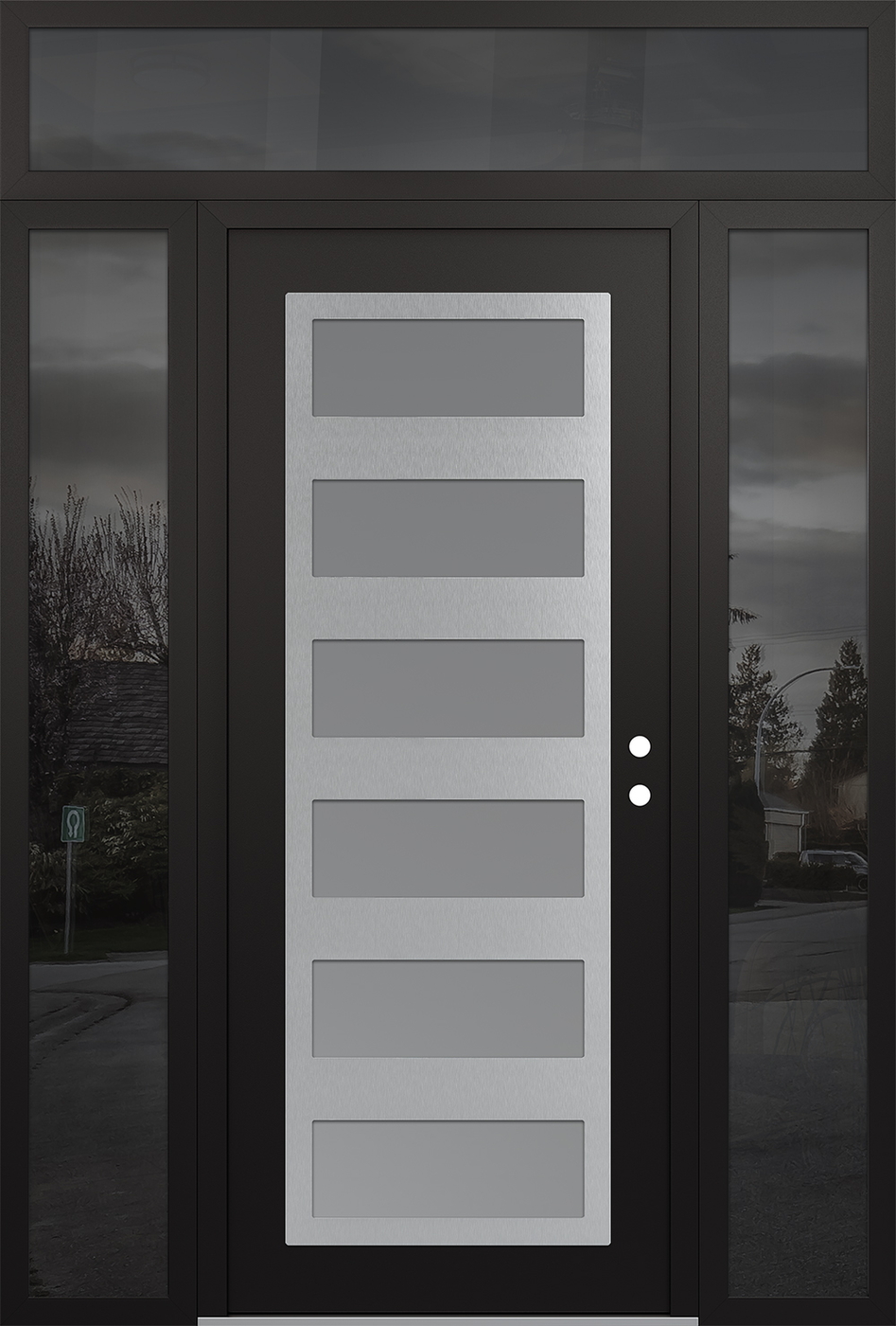 Modern Steel Front Door Diamond C9 64" x 96" black/white frosted Glass Panel stainless steel LHI with 2 Sidelites and Transom mirrored Glass