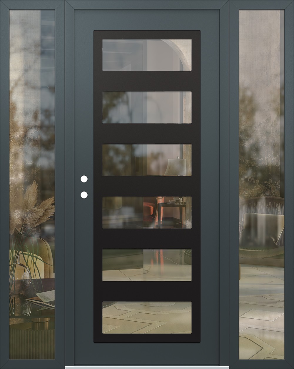 Modern Steel Front Door Diamond C9 68" x 80" anthracite/anthracite clear Glass Panel black RHI with 2 Sidelites clear Glass