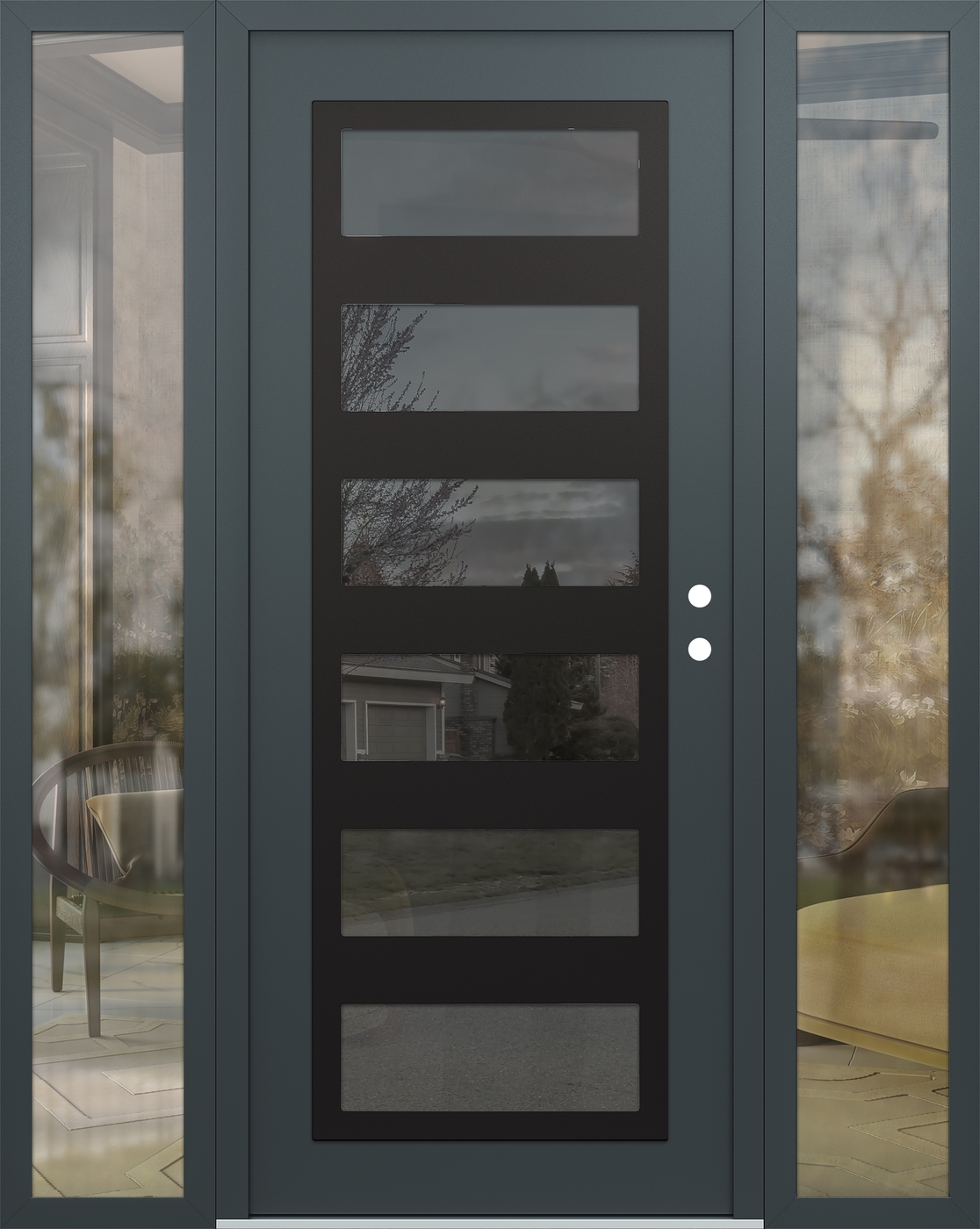 Modern Steel Front Door Diamond C9 68" x 80" anthracite/anthracite mirrored Glass Panel black LHI with 2 Sidelites clear Glass