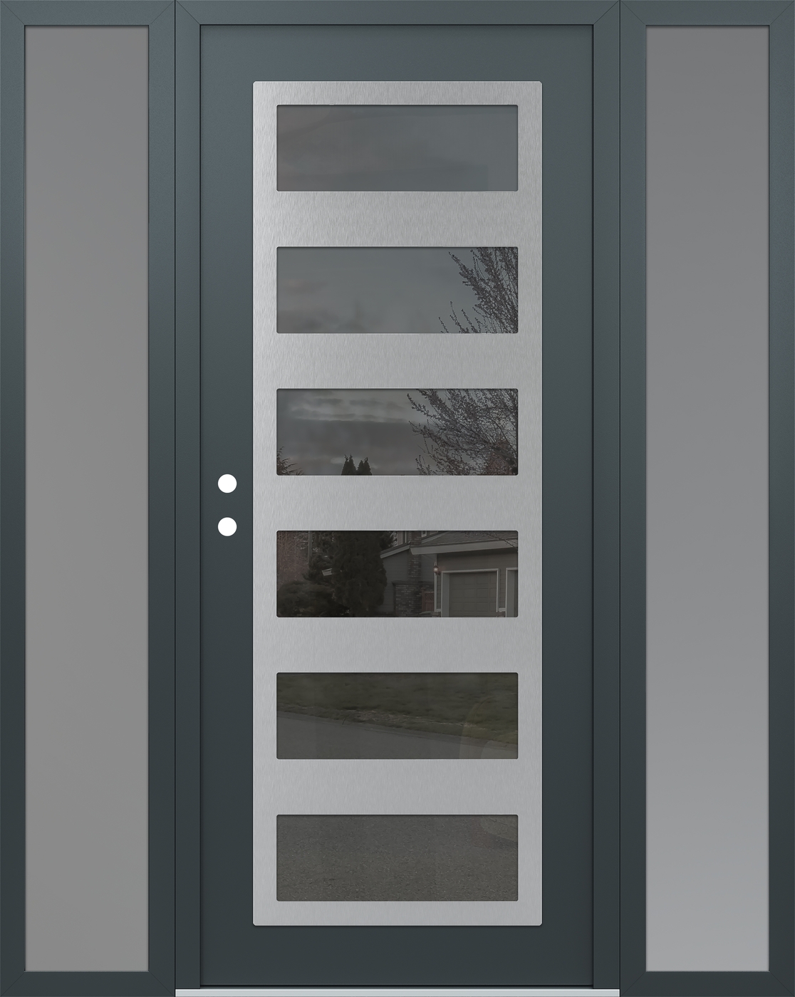 Modern Steel Front Door Diamond C9 68" x 80" anthracite/anthracite mirrored Glass Panel stainless steel RHI with 2 Sidelites frosted Glass