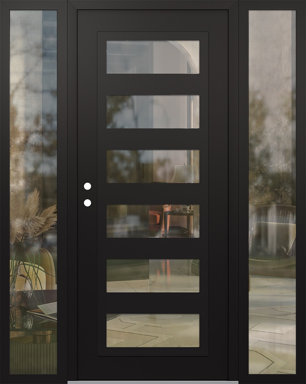 Modern Steel Front Door Diamond C9 68" x 80" black/black clear Glass Panel black RHI with 2 Sidelites clear Glass