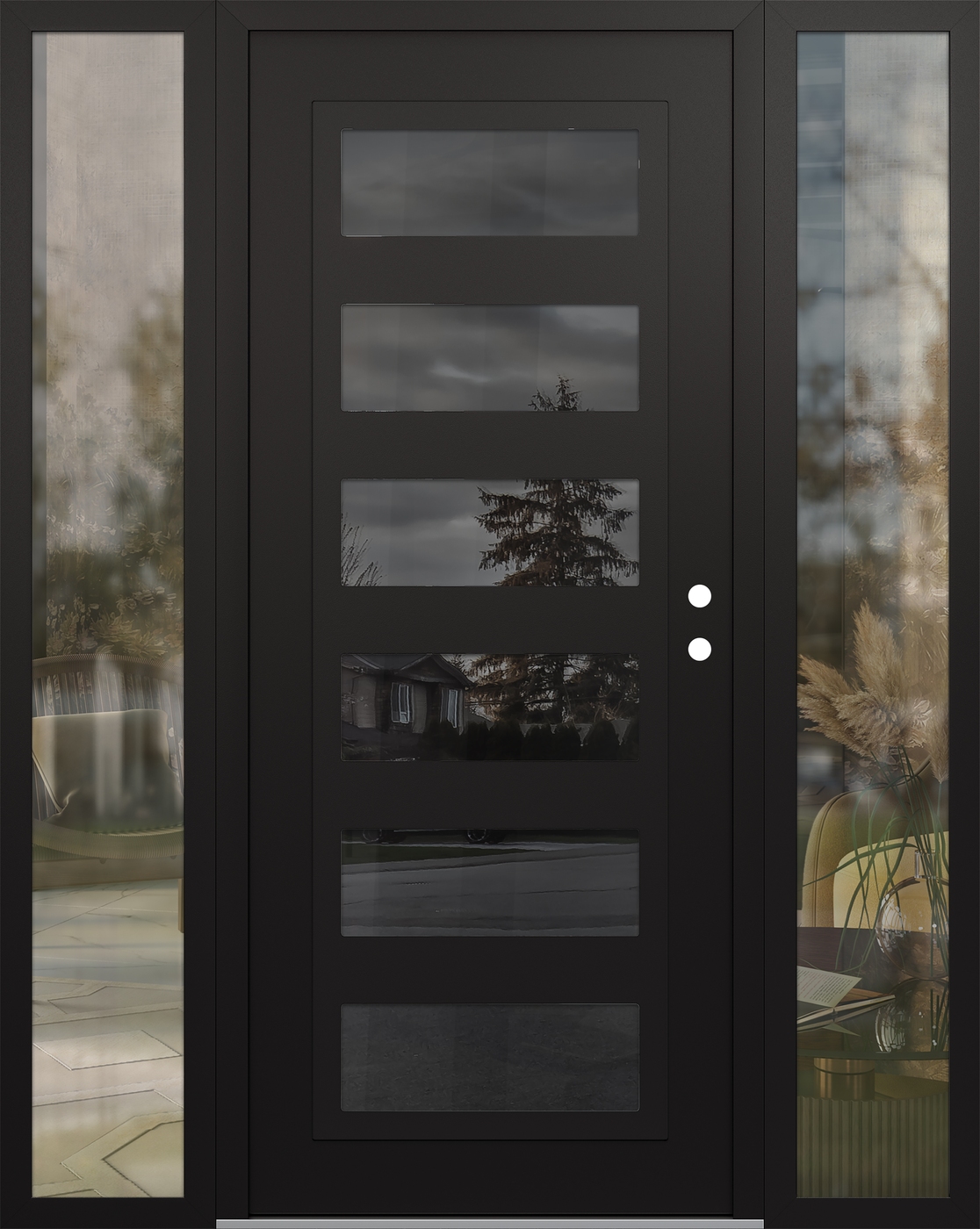 Modern Steel Front Door Diamond C9 68" x 80" black/black mirrored Glass Panel black LHI with 2 Sidelites clear Glass
