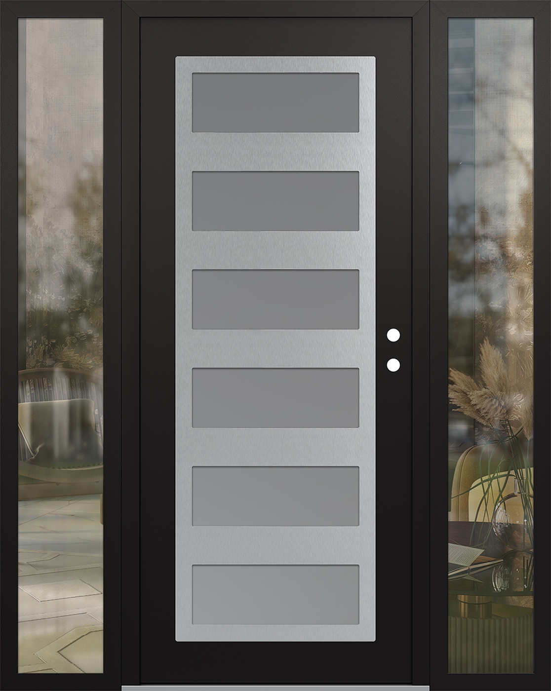 Modern Steel Front Door Diamond C9 68" x 80" black/white frosted Glass Panel stainless steel LHI with 2 Sidelites clear Glass