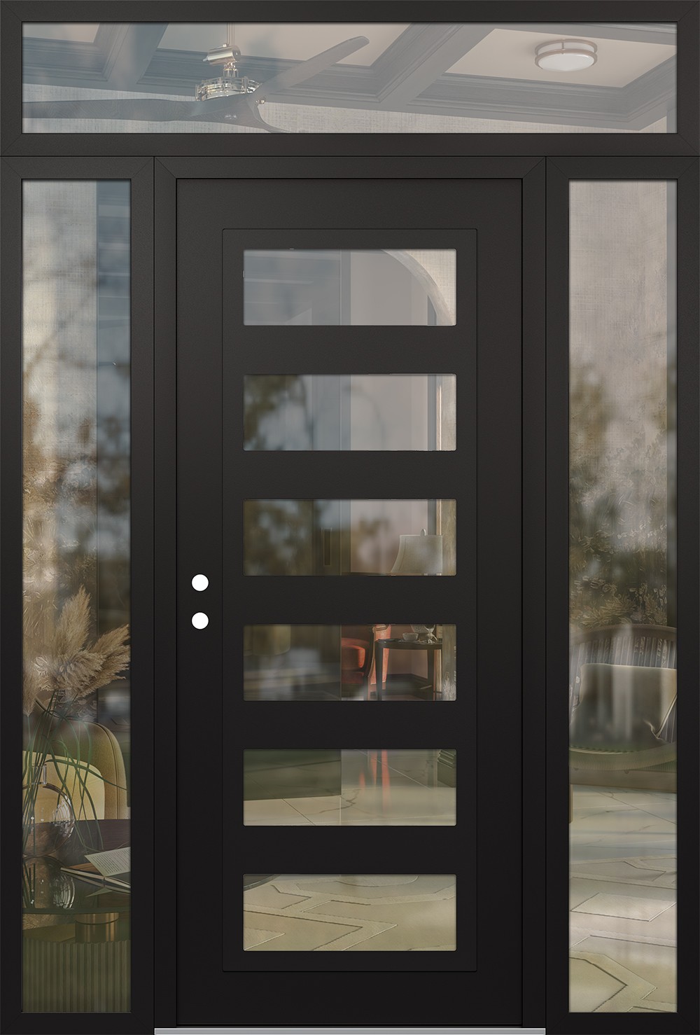Modern Steel Front Door Diamond C9 68" x 96" black/black clear Glass Panel black RHI with 2 Sidelites and Transom clear Glass