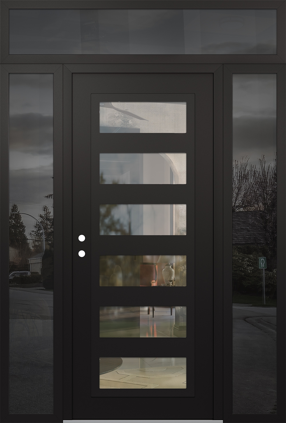 Modern Steel Front Door Diamond C9 68" x 96" black/black clear Glass Panel black RHI with 2 Sidelites and Transom mirrored Glass