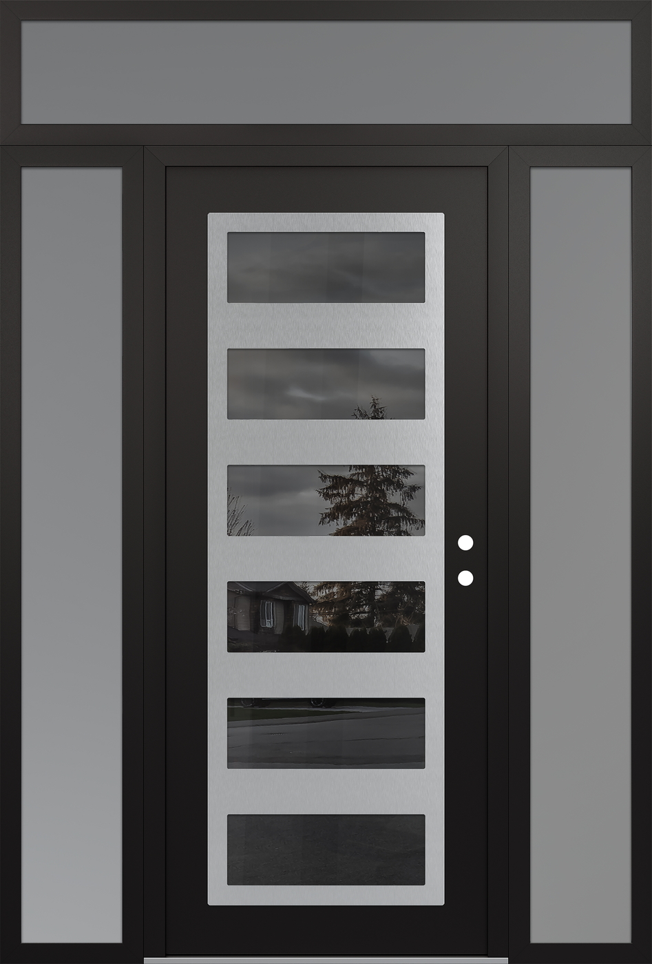 Modern Steel Front Door Diamond C9 68" x 96" black/black mirrored Glass Panel stainless steel LHI with 2 Sidelites and Transom frosted Glass