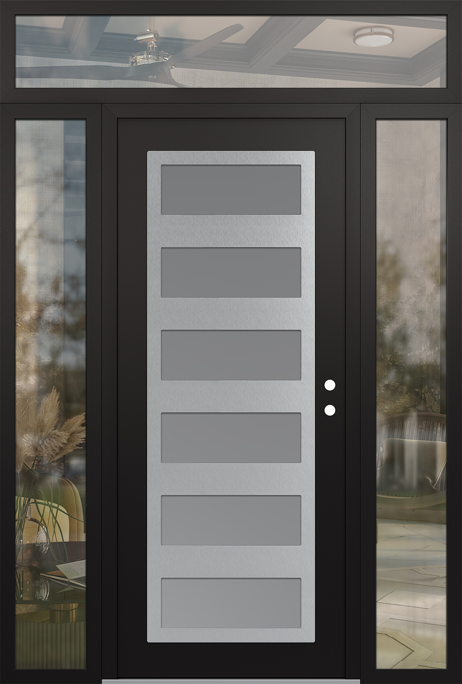 Modern Steel Front Door Diamond C9 68" x 96" black/white frosted Glass Panel stainless steel LHI with 2 Sidelites and Transom clear Glass